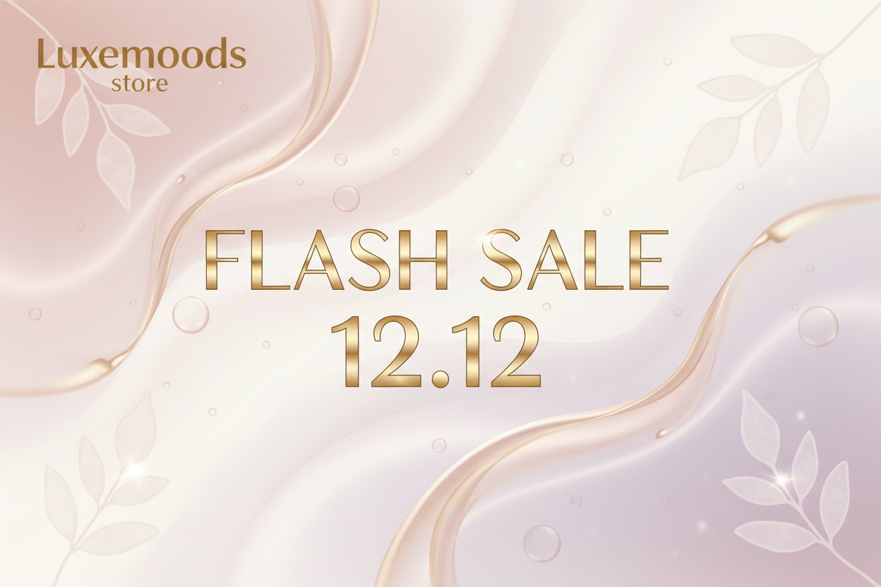 "Create a clean and premium beauty-themed banner for my store 'Luxemoods' with the text ‘Flash Sale 12.12’. Banner size: 2200 x 1027. No product photos. Use soft beauty colors, smooth gradients, and minimal abstract beauty elements. Keep the design elegant, modern, eye-catching, and perfect for a beauty store that sells facewash and serums."